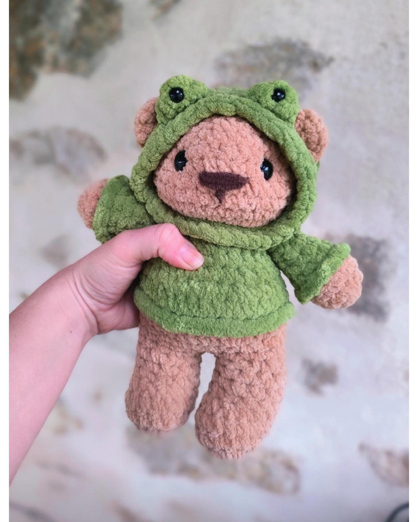Handmade Crochet Teddy Bear in Frog Hoodie – 25 cm of Pure Cuteness!
