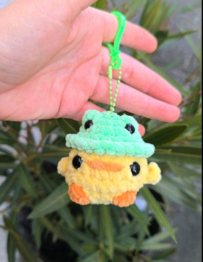 Handmade Crochet Duck & Chick Keychains with Frog Bucket Hats | Soft Plush Bag Buddies| Cute Handmade Accessories |Perfect Gifts him and her