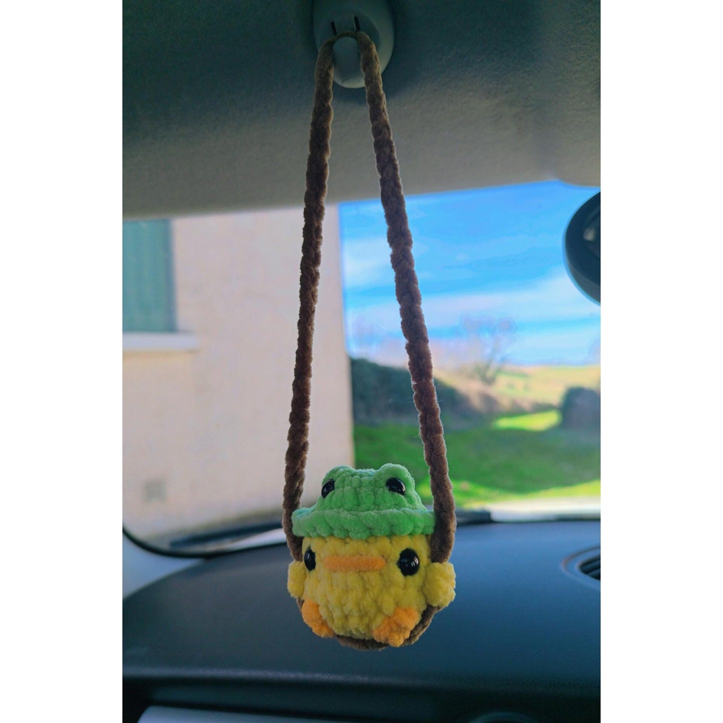 Rearview mirror swinging handmade crochet car decoration. chick chicken chick with frog hat