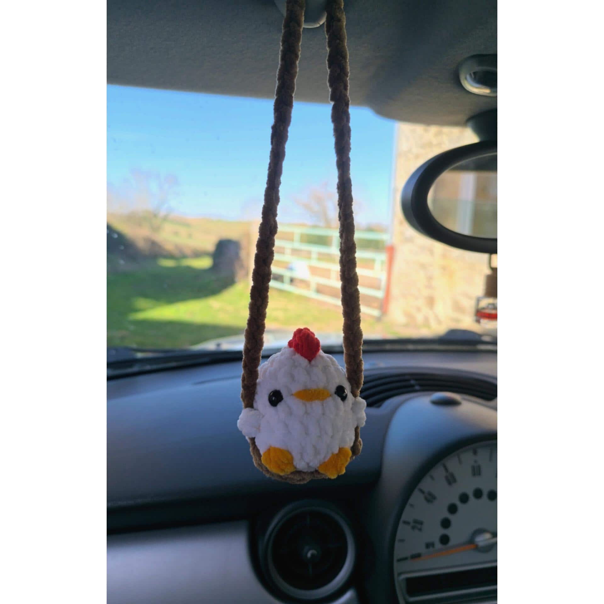 Rearview mirror swinging handmade crochet car decoration. chick chicken chick with frog hat