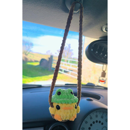 Rearview mirror swinging handmade crochet car decoration. chick chicken chick with frog hat