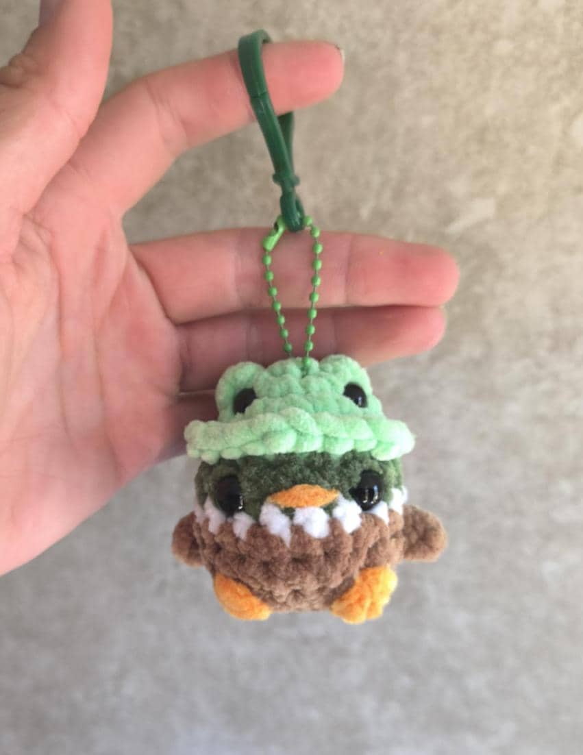 Handmade Crochet Duck & Chick Keychains with Frog Bucket Hats | Soft Plush Bag Buddies| Cute Handmade Accessories |Perfect Gifts him and her