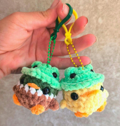 Handmade Crochet Duck & Chick Keychains with Frog Bucket Hats | Soft Plush Bag Buddies| Cute Handmade Accessories |Perfect Gifts him and her