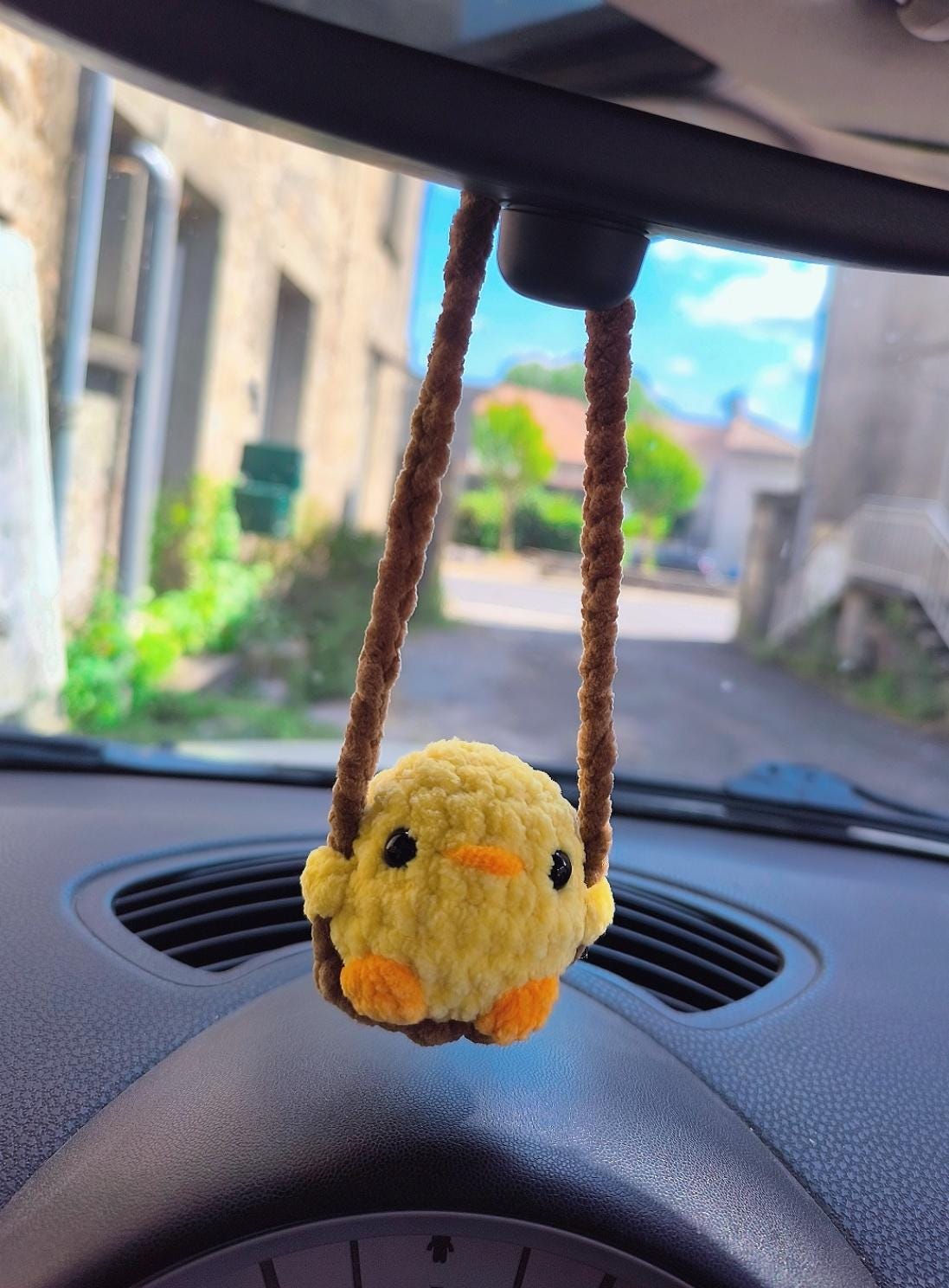 Rearview mirror swinging handmade crochet car decoration. chick chicken chick with frog hat