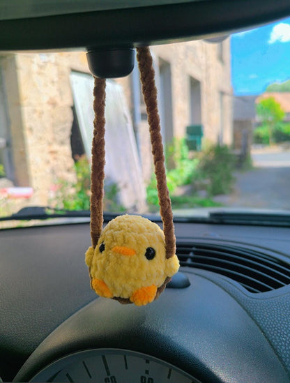 Rearview mirror swinging handmade crochet car decoration. chick chicken chick with frog hat