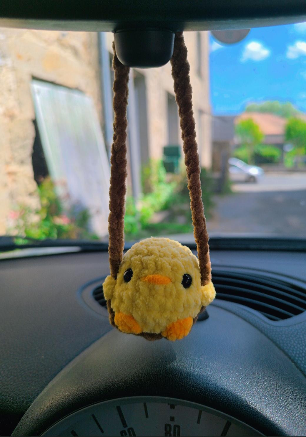 Rearview mirror swinging handmade crochet car decoration. chick chicken chick with frog hat