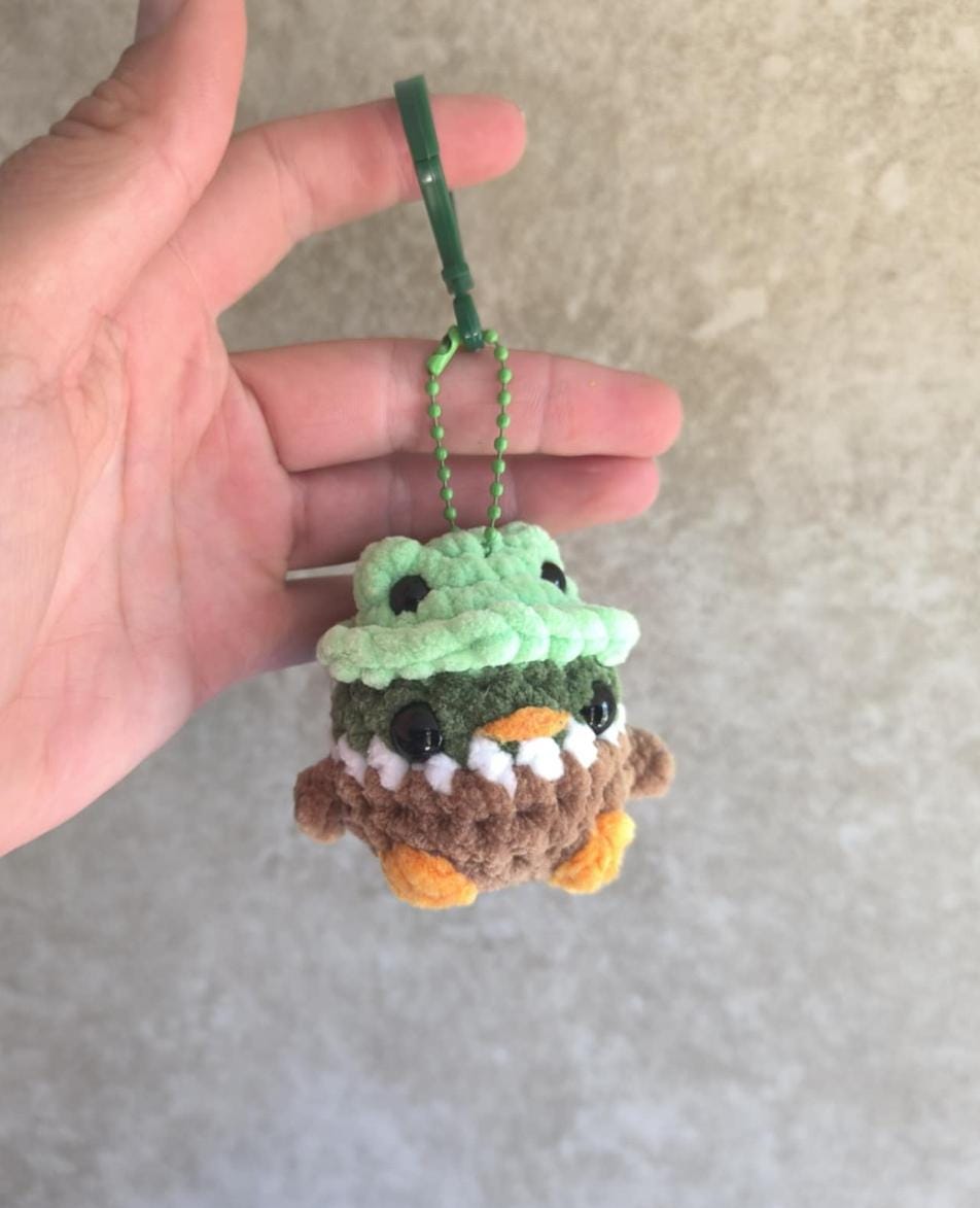 Handmade Crochet Duck & Chick Keychains with Frog Bucket Hats | Soft Plush Bag Buddies| Cute Handmade Accessories |Perfect Gifts him and her