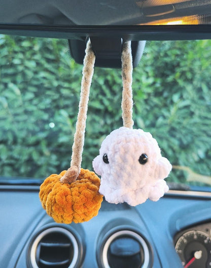 Handmade Swinging Ghost & Pumpkin Rearview Mirror Charms – Spooky Car Accessories for Halloween
