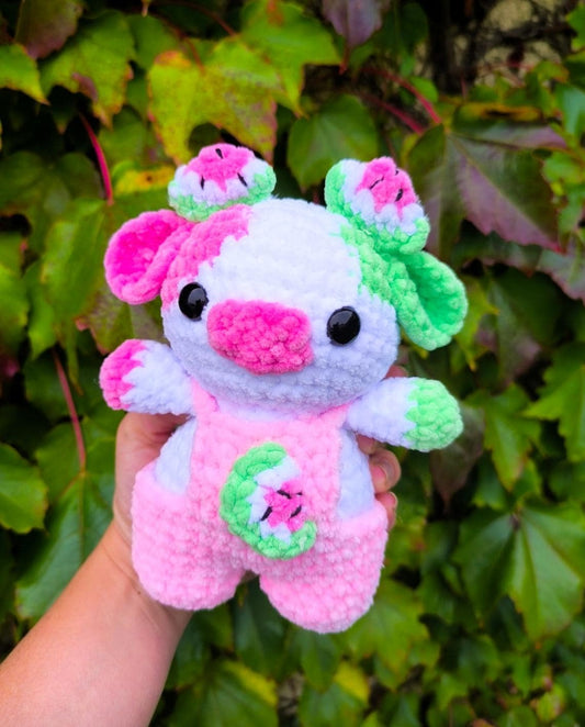 Handmade Crochet watermelon Cow Plushie – Soft Chenille Yarn Toy – Kawaii Cow Stuffed Animal – Custom Baby-Safe Gift – 24cm Amigurumi Cow