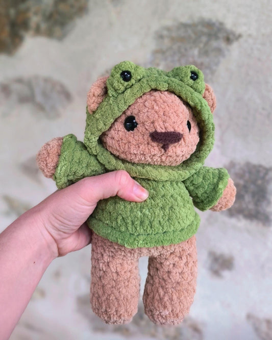 Handmade Crochet Teddy Bear in Frog Hoodie – 25 cm of Pure Cuteness!
